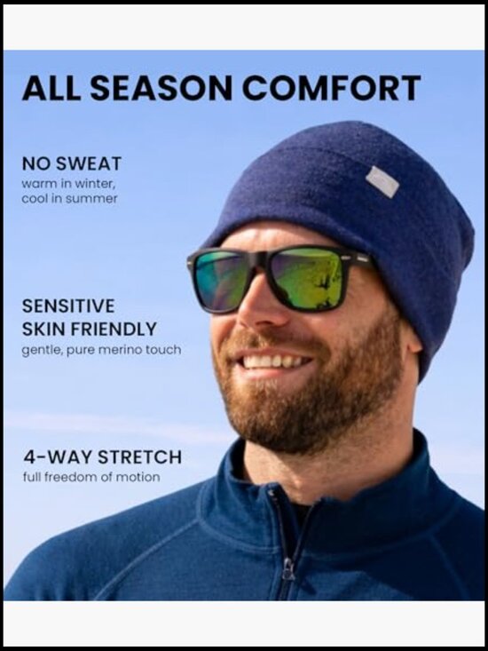100% Merino Wool Beanie Hat - Unisex All Season Running Hiking